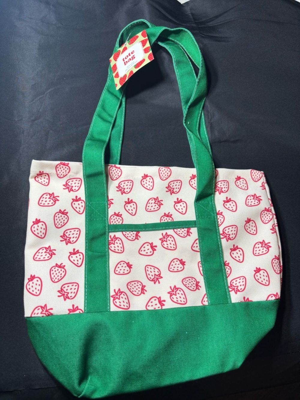 New Canvas Strawberry Print Tote Bag with Green Trim